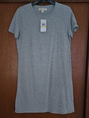 Studded Short-Sleeve Crewneck Dress  - Gray